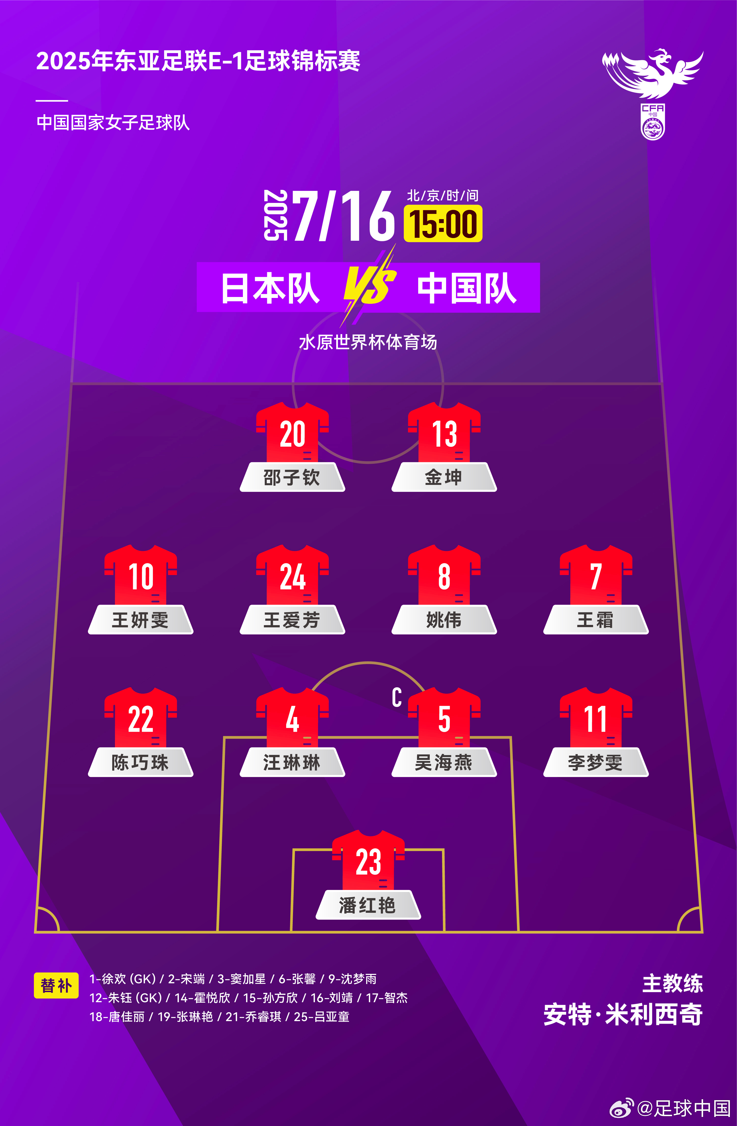 开云体育在线-中国女足官方公布442阵型：邵子钦搭档金坤组成双锋线，王霜出任右边锋